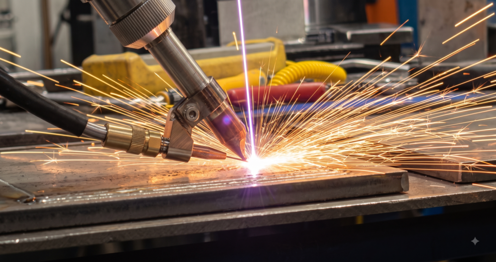 Handheld laser welder sparking on metal
